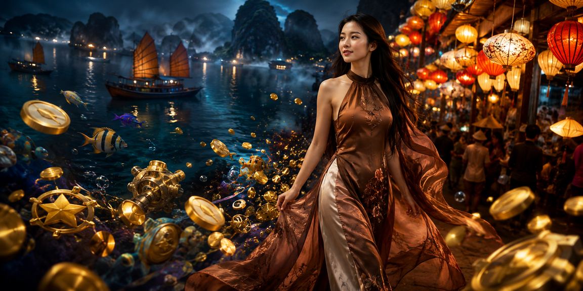 Người phụ nữ mặc áo dài truyền thống tham gia giải trí casino trực tuyến tại vịnh Hạ Long