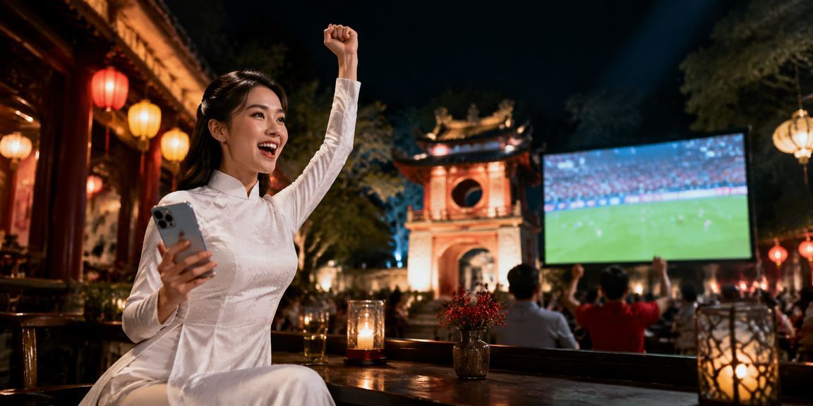 Người dùng tại Hà Nội xem tỷ lệ kèo bóng đá trực tuyến trong trang phục áo dài truyền thống