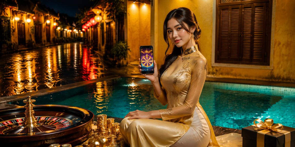Người phụ nữ mặc áo dài tại Hội An thưởng thức trò chơi roulette trực tuyến trong không gian thư giãn