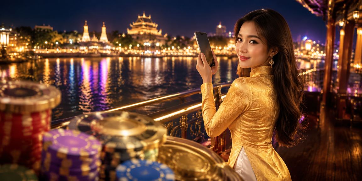 Người phụ nữ mặc áo dài tại Huế sử dụng điện thoại truy cập casino trực tuyến một cách bảo mật